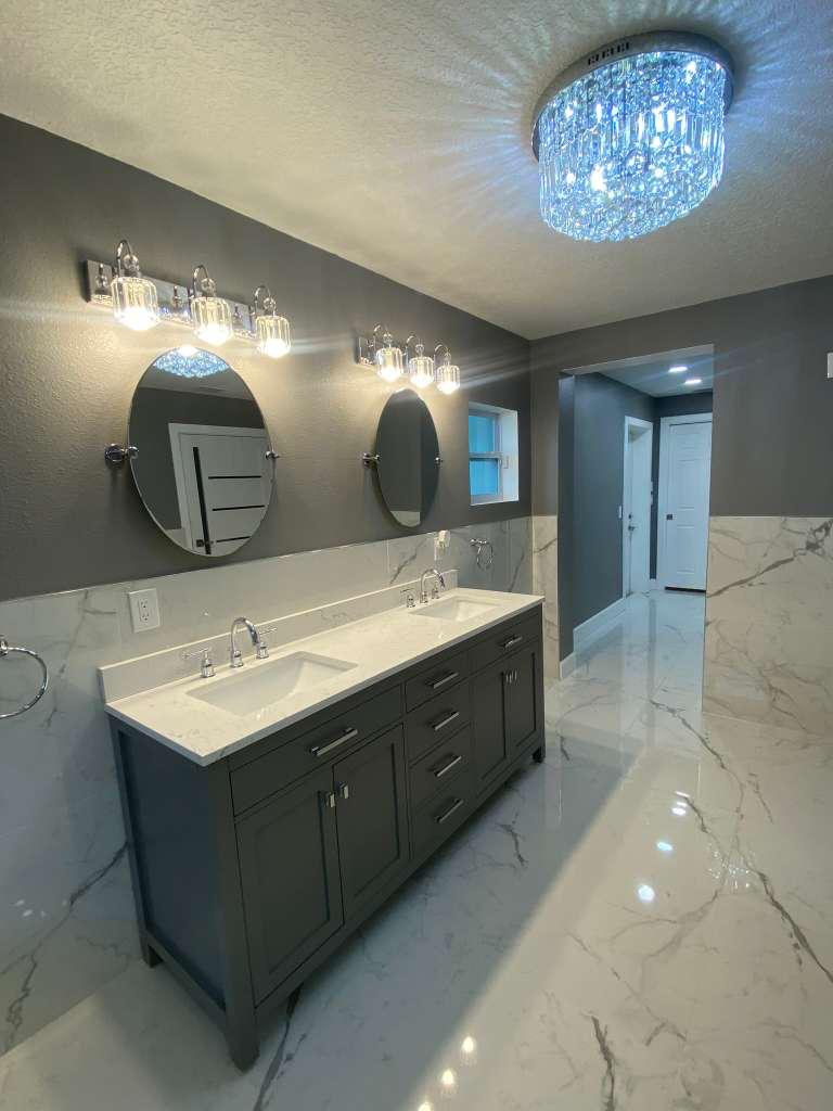 Custom vanity with premium materials and precision tile installation